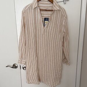 Striped Linen Tunic Beach Coverup in Beige and White